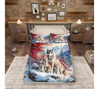 Wolf Family Fitted Sheet Double Size,Animal Wolves Printed Bedding Set,Winter Natural Wildlife Bed Sheet 3 Pieces (No Flat Sheet),Watercolor Natural Landscape Deep Pocket Shee,2 Pillowcases