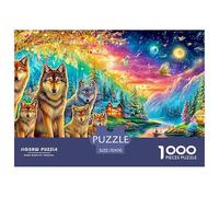 Wolf Family in A Colorful, Glowing Forest by A River 1000-Piece Jigsaw Puzzle Enchanted Spirit Wolf - Classic Educational Game for Family Puzzle Time 70x50cm/1000pcs
