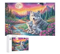 Wolf Family in Floral Valley with Full Moon And Eagle 1000 Piece Jigsaw Puzzle for Seniors Indoor Leisure Mind Stimulation Gift for Thoughtful Present 1000 PCS