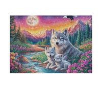 Wolf Family in Floral Valley with Full Moon And Eagle 300 Piece Jigsaw Puzzle for Adults Sick Day Activity Gentle Distraction No Dust Pieces Great Gift for Get Well Soon 300 PCS