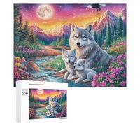 Wolf Family in Floral Valley with Full Moon And Eagle 500 Piece Jigsaw Puzzle for Teens 14+ Indoor Educational Game Reasoning Practice Gift for Study 500 PCS