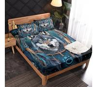 Wolf Fitted Sheet, Art Wild Animals Bed Sheets Small Doule Size, 2 Pillowcase - 30 cm Deep Pocket, Soft Microfiber Patterned Bedding Bedroom Decor - WA306