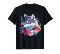 Wolf Floral Flowers Portrait Nature Scene Midnight Bloom T-Shirt