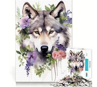 Wolf Floral Watercolor Jigsaw Puzzle 1000 Logic Thinking Play Expert Cutting Craftsmanship Quiet Time Mind Exercise at Home (38x26cm)