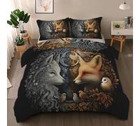 Wolf Fox Bird Duvet Cover Set Double, Woodland Wolf Mystic Fox Bedding Quilt Cover Set, Fantasy Wildlife Duvet Cover with 2 Pillowcases, Microfibre Reversible Bed Covers 3 Pcs with Zipper Closure