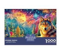 Wolf, Full Moon, Starry Sky, Riverside Village 1000 Piece Jigsaw Puzzle Cool Wolf Classic Jigsaw Puzzles for Kids & Adults 38x26cm/1000pcs