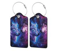 Wolf Galaxy Nebula Wolves Wild Animal Blue and Purple Leather Luggage Tags with Privacy Cover - Stainless Steel Cable Id Holder for Suitcase Travel Bag Briefcase