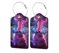 Wolf Galaxy Nebula Wolves Wild Animal Blue Purple Leather Luggage Tags with Privacy Cover - Stainless Steel Cable Id Holder for Suitcase Travel Bag Briefcase