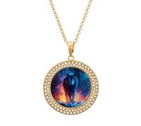 Wolf Glowing Eyes Burning Forests Circle Pendant Necklace for Women 1.3" | Elegant Casual Alloy Steel Multicolored Sliver/Gold with Diamonds