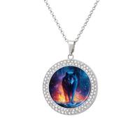Wolf Glowing Eyes Burning Forests Circle Pendant Necklace for Women 1.3" | Elegant Casual Alloy Steel Multicolored Sliver/Gold with Diamonds