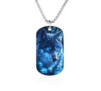 Wolf Glowing Roses Rectangle Memorial Necklace Personalized Metal Pendant Jewelry Gifts for Boyfriend Husband Dad 23.6in（60cm）