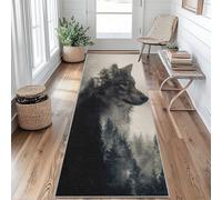 Wolf Hallway Runner Rug 80 x 250 cm Long Washable, Forest Silhouette Carpet Runner Rugs Non Slip, Kitchen Entryway Hall Bedroom Decor, Soft Low Pile iJ&B280