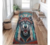Wolf Hallway Runner Rug 80 x 250 cm Long Washable, Native American Wolves Carpet Runner Rugs Non Slip, Kitchen Entryway Hall Bedroom Decor, Soft Low Pile iJ&B293