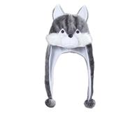 WOLF HAT - KIDS & SMALL ADULTS GREY FAUX FUR ANIMAL HAT WITH POMPOMS
