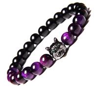 Wolf Head Charm Amethyst Crystal Bracelet, 7.5" Stretch Gemstone 8mm (0.31") Round Beads Natural Tiger Eye 7 Chakra Healing Bracelet Stress Relief Anti-Anxiety Energy Lava Beads Bracelet, Stone, Stone