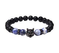 Wolf Head Charm Amethyst Crystal Bracelet With Round Beads Natural Tiger Eye Lava Beaded Earring And Necklace Set for Girls (F, A)