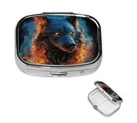 Wolf Head in Blue Flames Pill Case Portable Square Pill Box 2 Compartment Pill Organizer Cute Travel Pill Container Vitamin Organizer for Purse Pocket Travel Gift