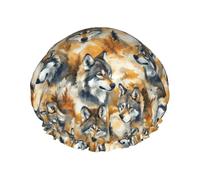 Wolf Head In The Woods Print Shower Caps for Women, Reusable Double Layers Elastic Band Long Hair Bath Caps for Shower