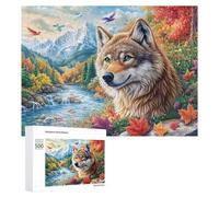 Wolf Head in Vibrant Forest Stream with Flowers And Mountains 500 Piece Jigsaw Puzzle for Teens 14+ Party Game Logic Thinking Gift for Social Gathering 500 PCS