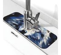 Wolf Head on Blue Background Faucet Mat for Kitchen Sink Splash Guard 14×38 CM Super Absorbent Diatomite Faucets Suction Pad Faucet Handle Drip Catcher Tray Dish Drying Mat Housewarming Gift