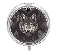 Wolf Head Pattern Travel Pill Box Case 3 Compartment Cute Pill Organizer Metal Pill Holder with Mirror Small Medicine Organizer Daily Pill Container for Purse Pocket Portable Meds Box