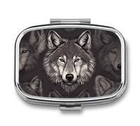 Wolf Head PatternPill Organizer with Mirror, 2 Compartment Metal Travel Pill Case, Weekly Medicine Container for Daily Meds, Compact & Artistic Design for Purse, Pocket, Or Wallet