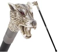 Wolf Head Walking Cane, Decorative Resin Handle, Black Shaft, Red Eyes, Gothic Style