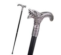 Wolf Head Walking Cane with Decorative Silver Handle, Black Shaft, Gentleman's Fashion Accessory, 93cm