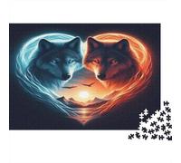 Wolf Heart Symbol Colourful Fire And Ice Wolves 1000 Pieces Jigsaw for Adults The Impossible Challenge Brain Development 38x26cm/1000pcs