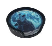 Wolf Howl Under the Moon Leather Coaster Round Drink Coasters 6 Pcs Home Decor
