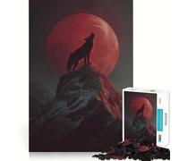 Wolf Howling at Red Moon Adults 1000 Pieces Puzzle Mental Focus Game Premium Laser Cut Quality Family Fun Night Activity (38x52cm)