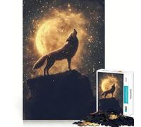 Wolf Howling at The Glowing Golden Moon Puzzles for Adults 1000 Pieces Mental Boost Play Neat Cut Perfect Alignment Bonding Activity for Loved Ones (38x52cm)