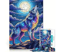 Wolf Howling at The Moon Art Jigsaw Puzzle1000 Pieces Thinking Skill Game Seamless Fit Precise Pieces Family Fun Night Activity (50x75cm)