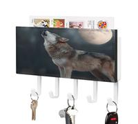 Wolf Howling at The Moon Leather Key Holder for Wall Decorative with 5 Hooks & Mail Organizer Entryway Keys Rack