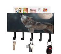 Wolf Howling at The Moon Leather Key Holder for Wall Decorative with 5 Hooks & Mail Organizer Entryway Keys Rack