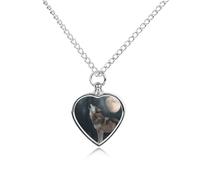 Wolf Howling at The Moon Metal Cremation Urn Necklace Personalized Heart Pet Supplies Ashes Pendant Necklace for Dog Cat