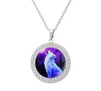 Wolf Howling at The Moon Shiny Diamond Necklace for Women Personalized Round Pendant Chain Jewel Gift