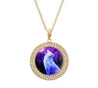 Wolf Howling at The Moon Shiny Diamond Necklace for Women Personalized Round Pendant Chain Jewel Gift