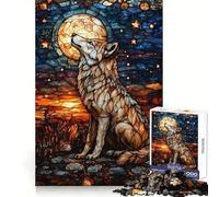 Wolf Howling at The Moon Stained Glass 1000 Piece Jigsaw Puzzles for Teenagers Logical Skill Leisurely Pursuit Precise Join Fine Xmas Gift (38x52cm)