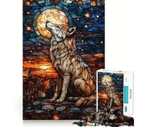 Wolf Howling at The Moon Stained Glass 1000 Piece Jigsaws for Adults Brain Training Fun Clean Cut Sturdy Components Calming Mental Break Activity (38x26cm)