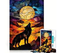 Wolf Howling at The Moon Stained Glass 1000 Piece Teenager Puzzles Cognitive Train Game Zero Gap Compact Fun for Family Game Time (38x52cm)