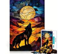Wolf Howling at The Moon Stained Glass Jigsaw for Adults 1000 Pieces Think Skill Game High Precision Die Cut Entertaining Challenge for Spare Time (38x26cm)