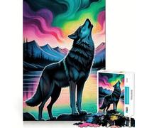 Wolf Howling Aurora Borealis 1000 Jigsaw Puzzle Cognitive Fun Play Clean Cut Sturdy Components Quiet Time Mind Exercise at Home (50x75cm)