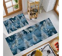 Wolf Howling In Winter Forest Kitchen Rug Sets, 2 Pieces Non Slip Kitchen Mat Sets,Washable Christmas Eve In The Wilderness Floor Mat for Hallway, Bedroom, Sink (Blue, 43x75cm+43x120cm)