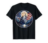 Wolf Howling Moon Night Starry USA Flag Patriotic 4th July T-Shirt