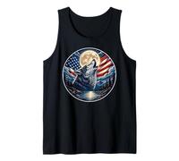 Wolf Howling Moon Night Starry USA Flag Patriotic 4th July Tank Top