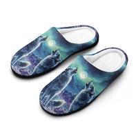 Wolf Howling Northern Lights Men's Cotton Slippers Indoor House Shoes Warm Gift for Travel Bedroom Hotel 7-8（40-41）