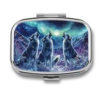 Wolf Howling Northern Lights Portable Pill Organizer with 2 Compartments Square Medicine Box Compact Travel Pharmacy Case