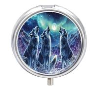 Wolf Howling Northern Lights Portable Pill Organizer with 3 Compartments Round Medicine Box Compact Travel Pharmacy Case