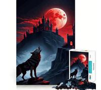 Wolf Howling Red Moon Castle 1000 Piece Jigsaw Puzzles Memory Train Fun Smooth Burr Free Surface Entertaining Challenge for Spare Time (38x52cm)